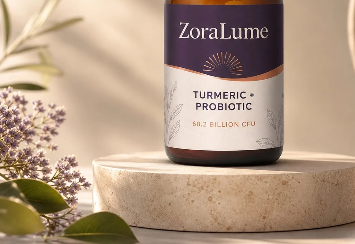 ZoraLume bottle in low raking light, framed by lilac and olive leaves