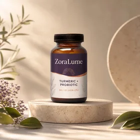 ZoraLume Turmeric and Probiotics bottle standing on a pale stone base