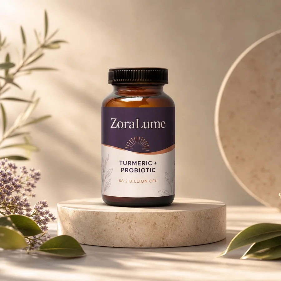 Amber ZoraLume Turmeric and Probiotics bottle, 68.2 billion CFU, standing on a pale stone base