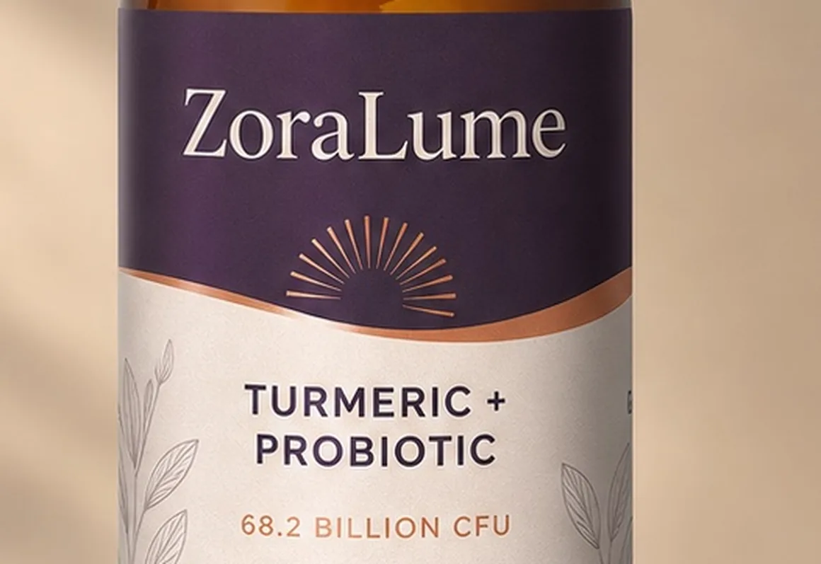 Close view of the ZoraLume label reading Turmeric and Probiotics, 68.2 billion CFU