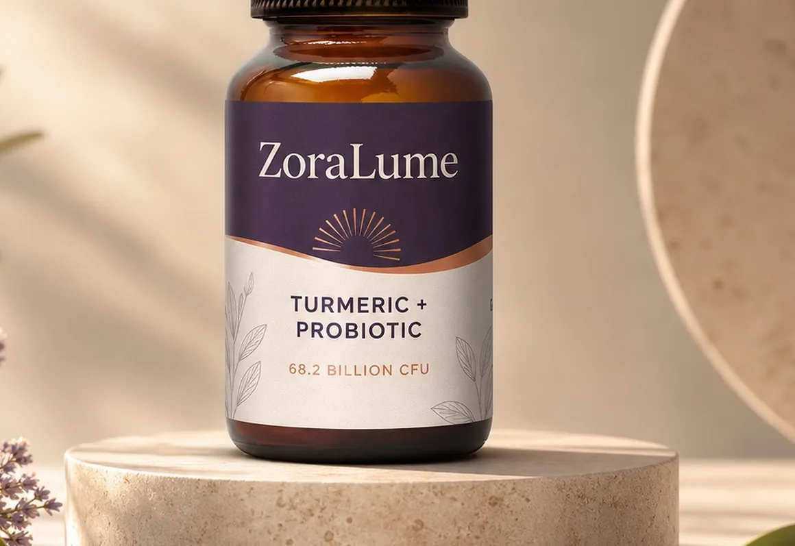 ZoraLume bottle seen head on atop a stone base, with olive foliage and lilac behind it