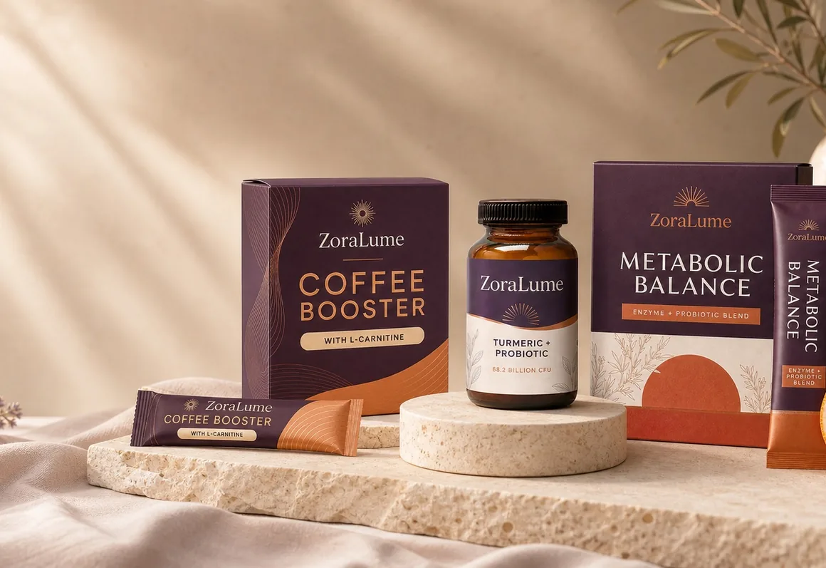 ZoraLume products laid out on pale linen between an olive branch and a ceramic vase